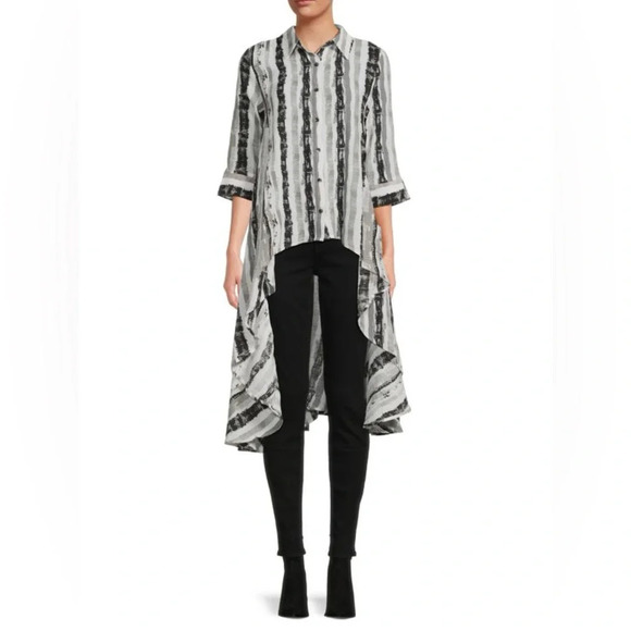 PATRIZIA LUCA Women’s Three Quarter High Low Striped Print Shirt Dress in Size L - Picture 1 of 13